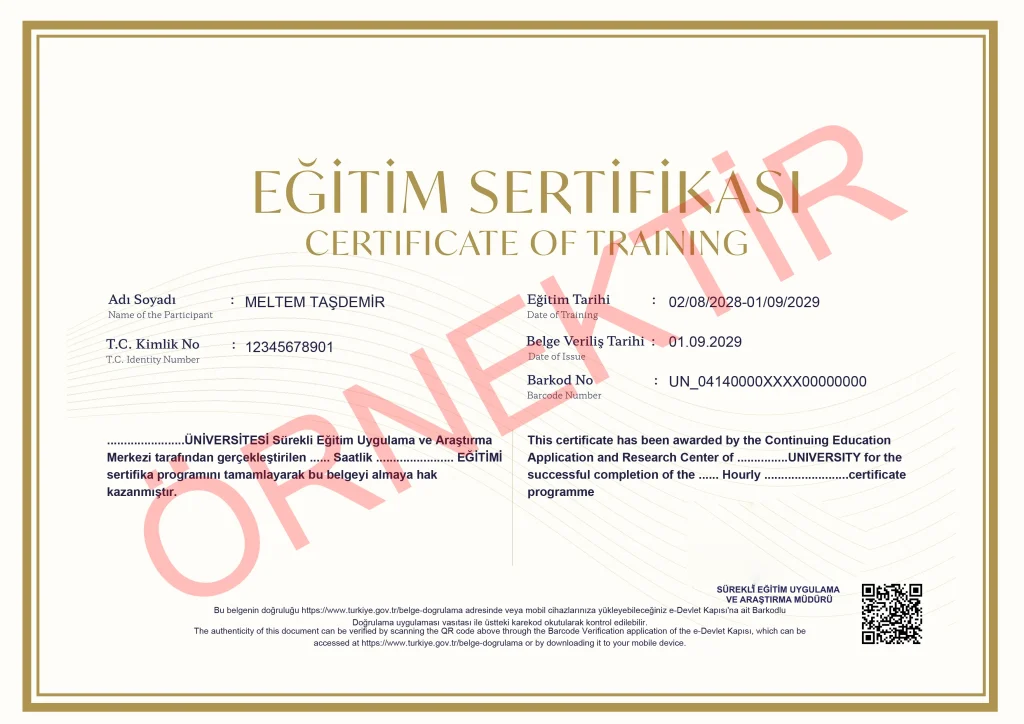 Aile Danışmanlığı Eğitimi Örnek Sertifika