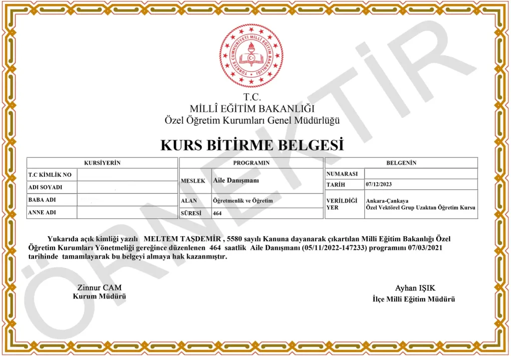 Aile Danışmanlığı Örnek Sertifika Meb